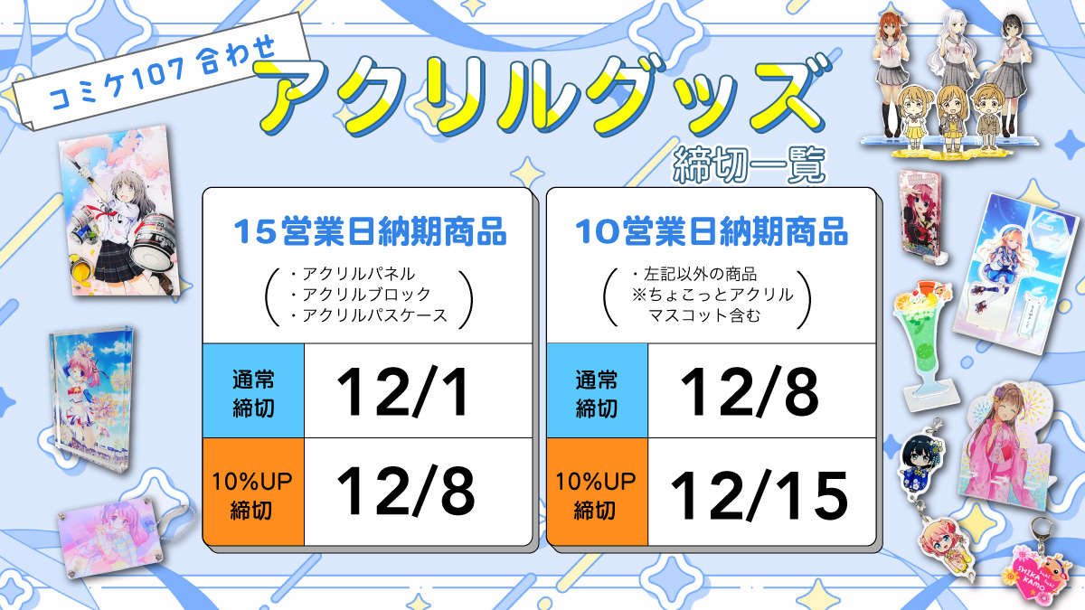 コミケ107合わせアクリルグッズ締切